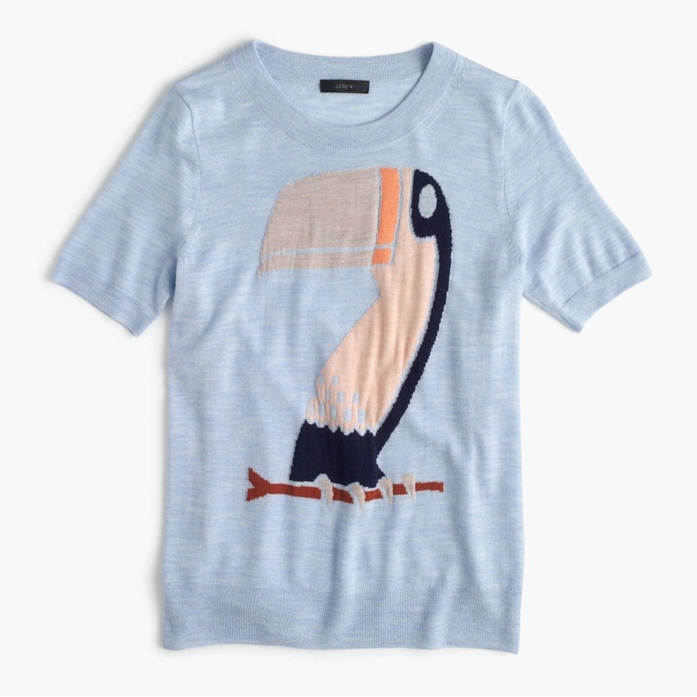 NWT J.Crew Light Blue Merino Wool Sweater with Toucan Design XXS petite